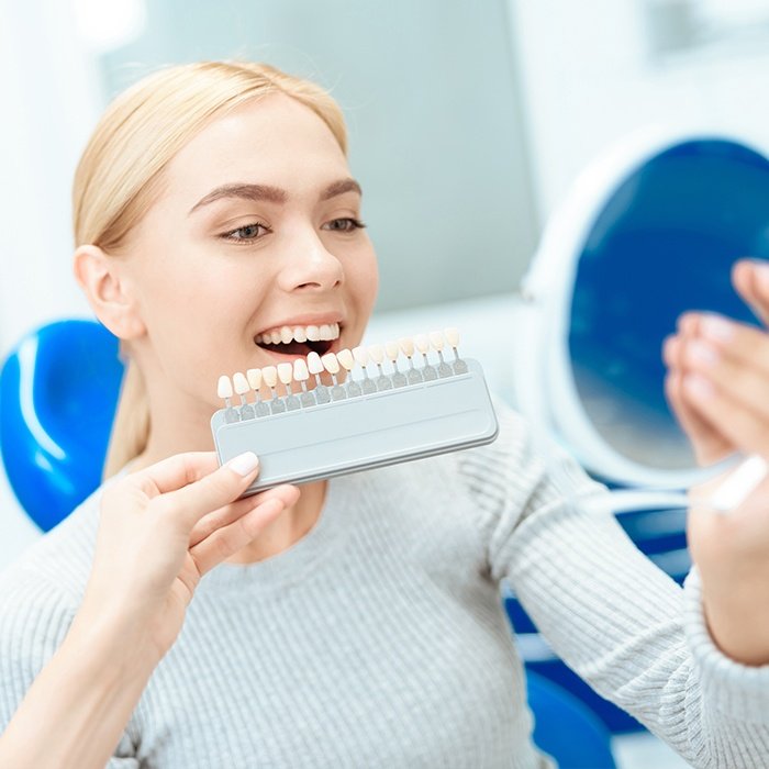 Woman's smile compared with tooth color chart