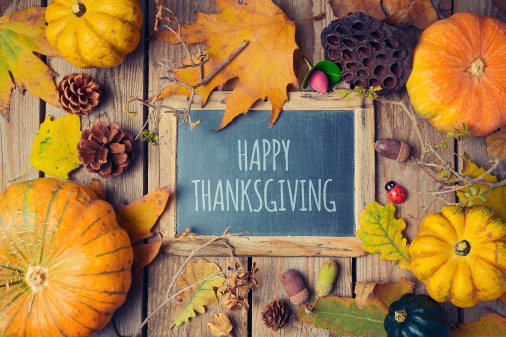 Happy Thanksgiving sign with pinecones, pumpkins, and leaves