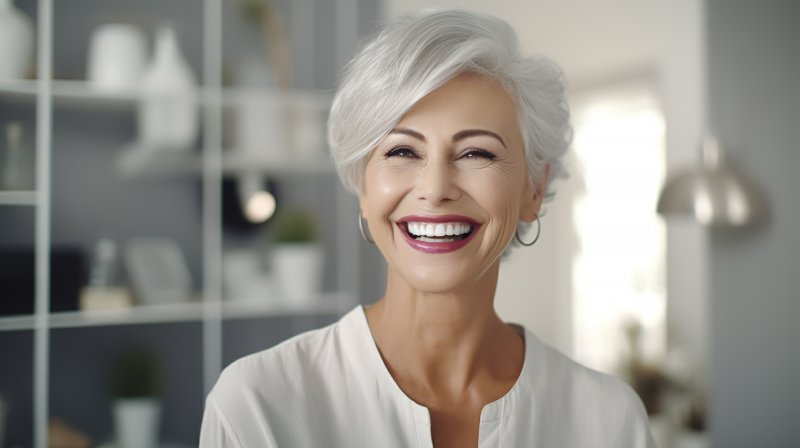older woman smiling with dentures secured with denture adhesive