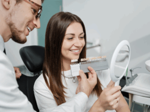 a patient visiting their dentist to receive veneers